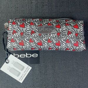 BEBE Cosmetics Travel Bag Pouch Two Toiletry Bottles Zebra Red Hearts NEW NWT